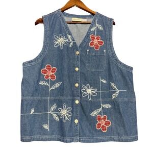 Vintage Susan Bristol Women XL Denim Floral Embroidery Vest Blue Jacket